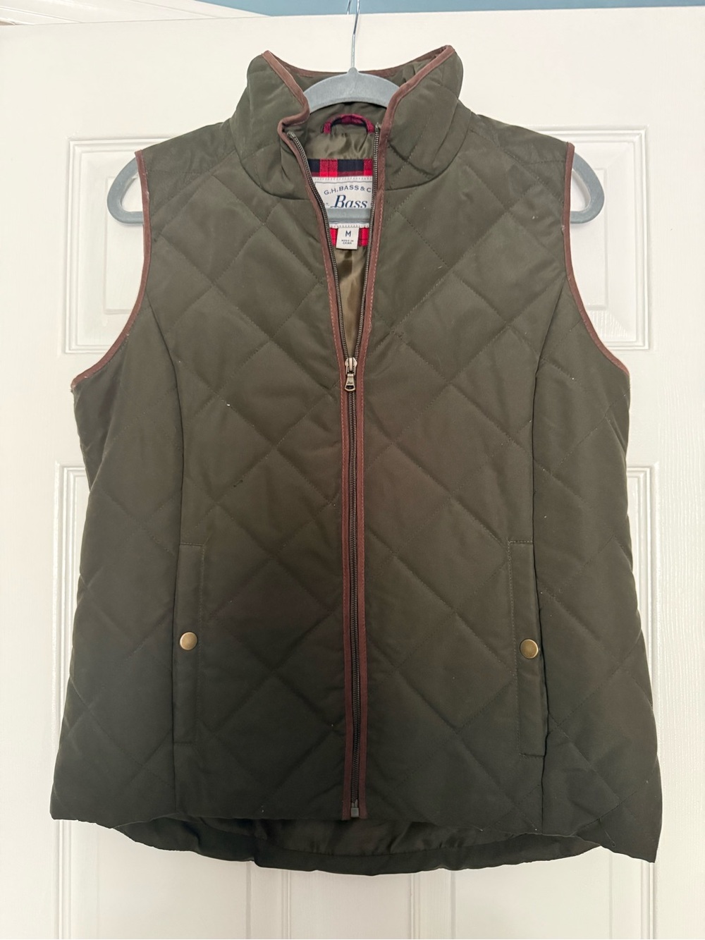 G.H. Bass & Co. Quilted Olive Green Vest with Brown Trim